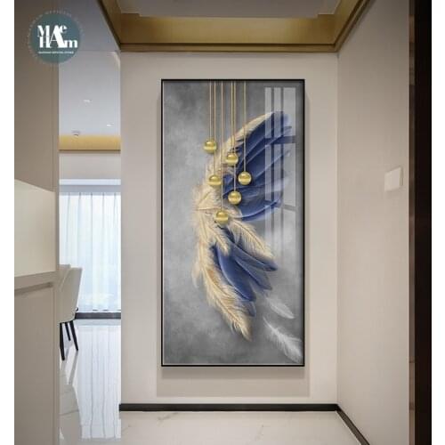 Nordic Decorative Blue golden feathers lines wall art Canvas posters Painting Prints wall pictures for Living Room Home Decor