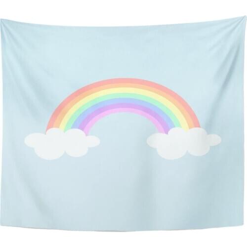 Blue Bright Pastel Rainbow and Cloud Cartoon Green Color Tapestry Home Decor Wall Hanging for Living Room Bedroom Dorm 50x60 in