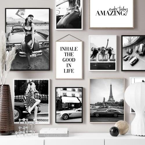Classic Race Car Fashion Girl Paris Black White Wall Art Canvas Painting Nordic Posters And Prints Wall Pictures For Living Room