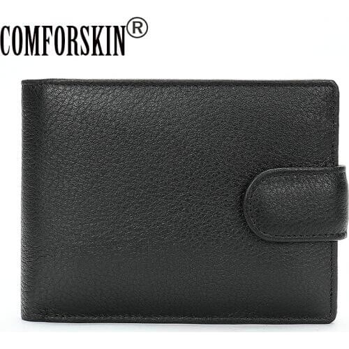 COMFORSKIN Guaranteed 100% Luxurious Cowhide Mens Wallet Short Style Men Leather Zipper Purse Multi-Card Bit Male Card Wallet
