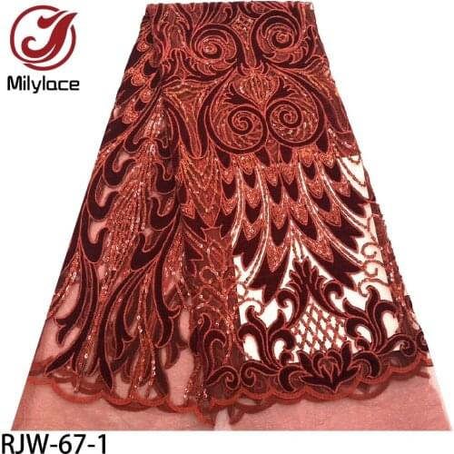 Latest African Mesh Lace Fabric with Sequin High Quality Velvet Lace Fabrics Embroidery French Lace for Evening Dress RJW-67
