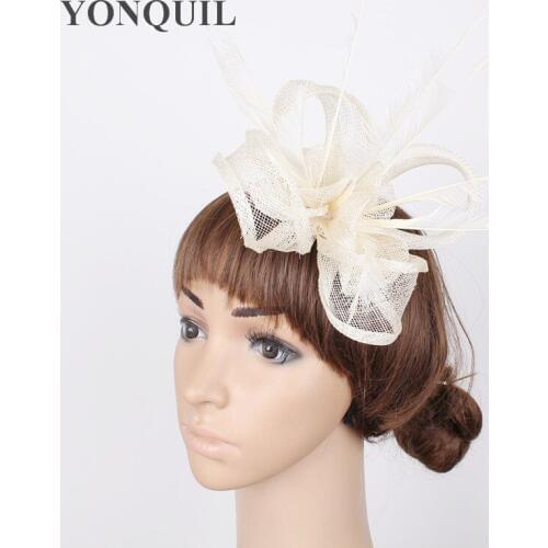 Charming Beige Fascinator Headband Women Nice Feather Hair Accessories Sinamay Hats Red Bride Hair Clips Wedding Headwear