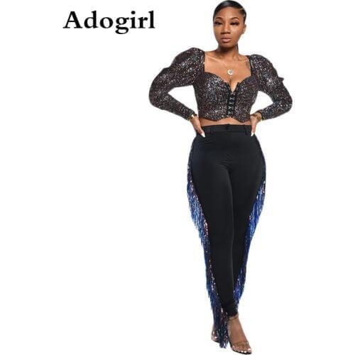 2019 Autumn Women Sequins Tassel Pants High Waist Skinny Casual Pencil Leggings Pants Trousers Night Club Streetwear
