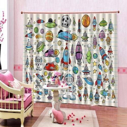 Custom any size Cartoon Rockets Planets Space Curtain Large Window Childrens room Bedroom Polyester Fabric Blackout Drapes Sets