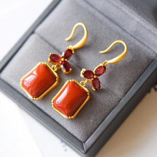 Natural South Red Agate Earrings Ms S925 sterling silver simple fashion red temperament earrings online celebrity earrings jewe