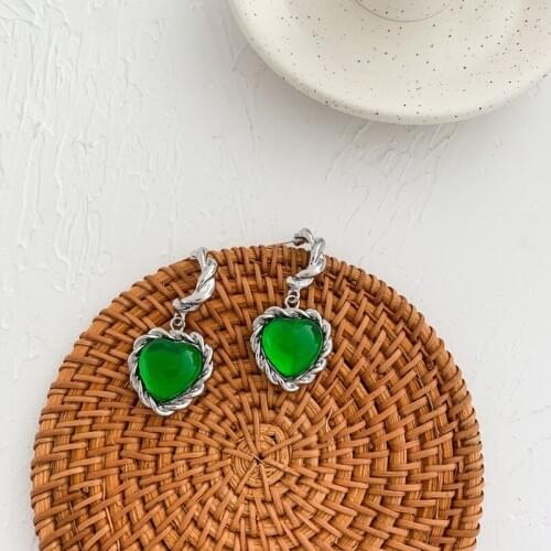 Origin Summer Unique Design Green Love Heart Stone Hoop Earings for Women Temperament C Shape Hook Earings Wedding Jewelry