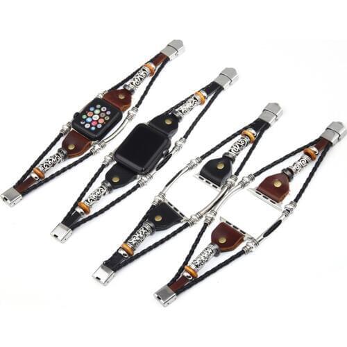 Handmade Bead Bracelet Strap for Apple Watch Series 1 2 3 4 Cowhide leather Wristband for Apple iWatch 38mm 42mm 40mm 44mm Strap