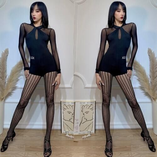 Sexy Latin Dance Tops Black Mesh Long Sleeve Leotard Sexy Ladies One-Piece Dress Dance Competition Wear Ballroom Clothes BI940