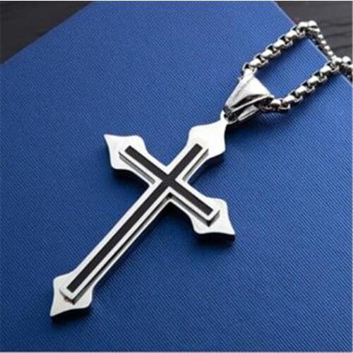 Sitaicery Vintage Cross Pendant Necklace Stainless Steel Necklace New Design Black Chain Pendant Necklace Men Women Necklace