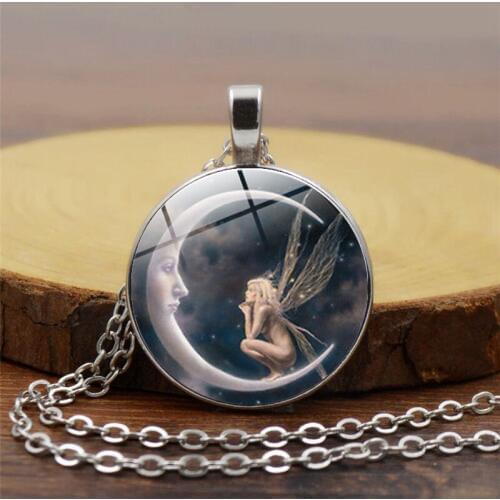 Trendytime Vintage Moon Angel Pendant Necklace For Women Jewelry Glass Art Picture Handmade Statement Necklace Friend Gift