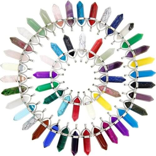 14 Colors Natural Stone Hexagon Pendant Bullet Head Crystal Necklace Sweater Chain Quartz Point Pendant 41x10mm