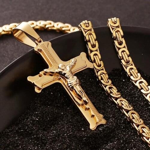 Hip Hop Mens Gold Silvercolor 316L Stainless Steel Jesus Cross Pendant Necklace Byzantine Box Chain Jewelry Gift