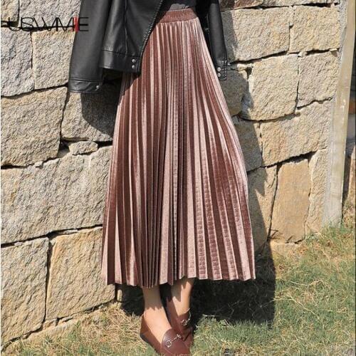 High Waist Skirt New Golden Fashion Sexy Temperament Velvet Pleated High Waist Big Pendulum Comfort Slim Plus Size Women Skirt