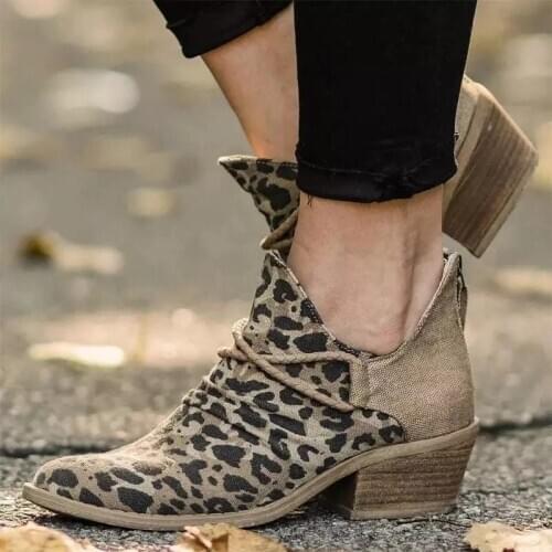 Women Footwear Autumn Leopard Canvas Shallow Ankle Boots 2020 Casual Ladies Zip Mid Heels Pointed Toe Female Woman Flats Shoes