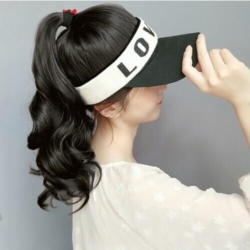 HOUYAN Wig hat female autumn and winter new big wave roll sports sun cap visor ponytail one set