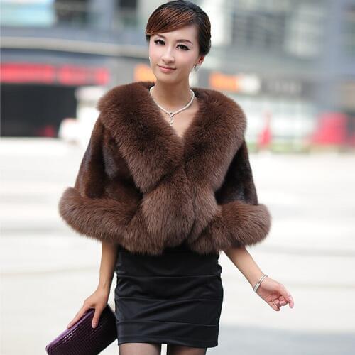 Autumn Winter Womens Genuine Natural Whole-hide Mink Fur Shawls Fox Fur Trimming Bride Cape Lady Pashmina VF0178