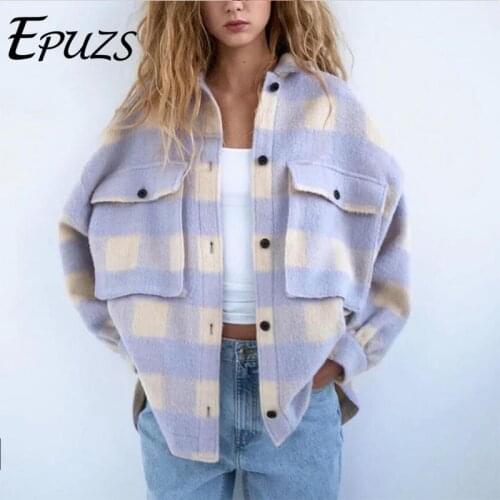 2021 New Fashion Slim Overisze Purple Jacket Coat Vintage Lapel Plaid Elegant Button Jacket Coat Famale Outerwear Chic Top