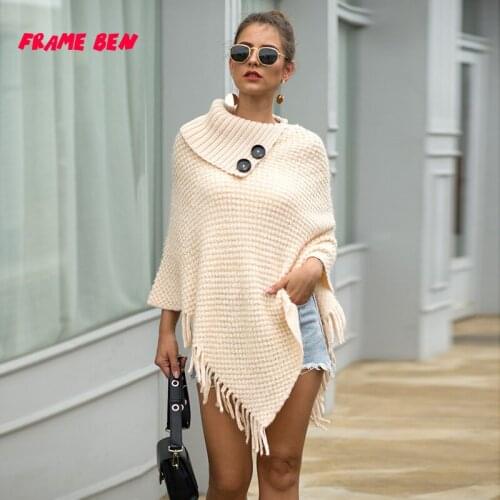 FRAME BEN 2019 Autumn and Winter New Casual Loose Tassel Cloak Shawl Button Turtleneck Solid Color Long Sleeve Ladies Sweater