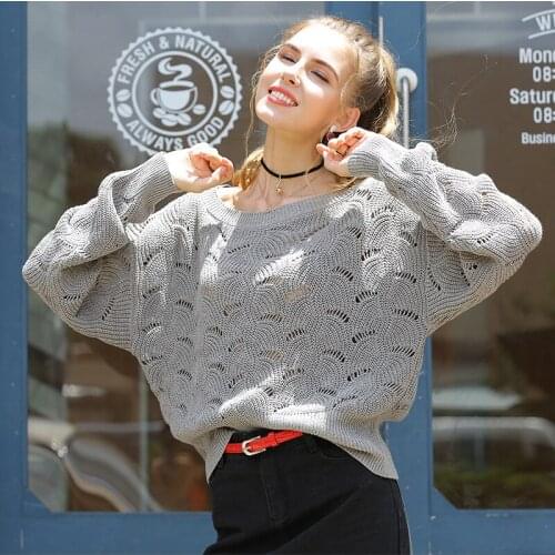 Womens Knitted Sweater 2020 Spring Autumn Fashion Slash Neck Pullover Shirts Ladies Batwing Sleeve Hollow Out Oversized Tops