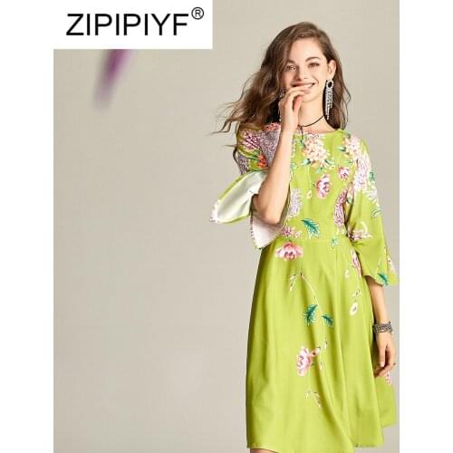 2020 Spring Summer High Quality Floral Dress O-Neck Three Quarter Sleeve Women New Fashion Knee-Length Loose Vintage Dress Y125