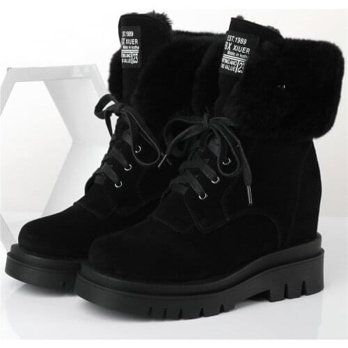 Winter Punk Creepers Women Lace Up Genuine Leather High Heel Platform Pumps Shoes Female High Top Round Toe Warm Fur Snow Boots