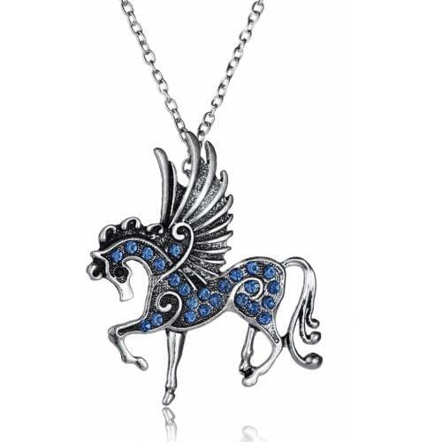 12PC/Lot Blue Crystal Rhinestone Horse Wings Pendant Necklace Pegasus Animals Charm Jewelry Women Men Party Gift Charm Jewelry