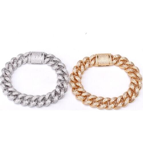 14mm Hip Hop Micro Paved AAA Cubic Zirconia Bling Iced Out Round Cuban Link Chain Bangle Bracelet for Men Rapper Jewelry