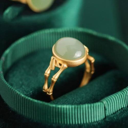 Bamboo Ring Elegant Elegant S925 Sterling Silver Gilding Hetian Jade Gray Jade Oval Bamboo Shape Ring Ornament for Women