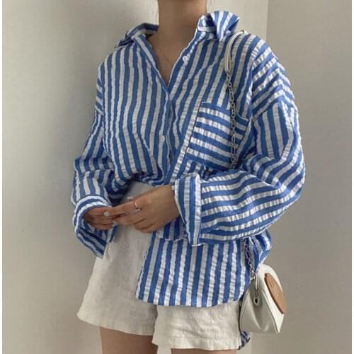 GLODTAOS Long Sleeve Striped Blouse Women Casual Turn-down Collar Shirt Ladies Autumn Winter Harajuk Pocket Cropped Top Mujer