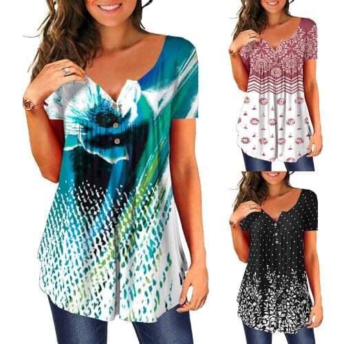 V-neck short sleeve button flower Corset Top Casual loose shirt top womens top 2021, summer hot loose casual womens wear