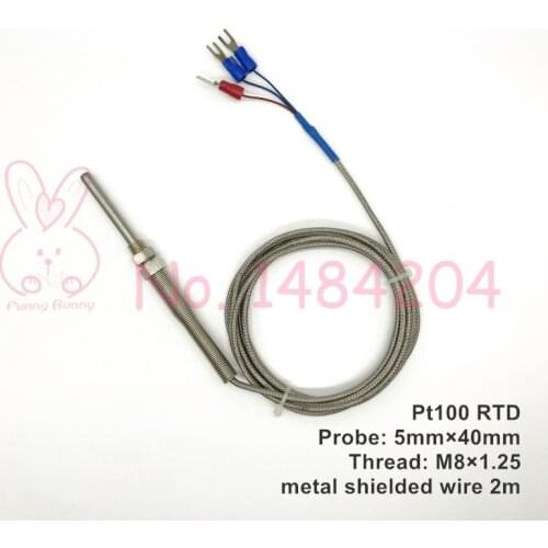 PT100 Temperature Sensor 5mm*40mm Stainless Steel Probe Mounting Thread M8 Platinum Resistance RTD 3 Core 2m Shielded Wire