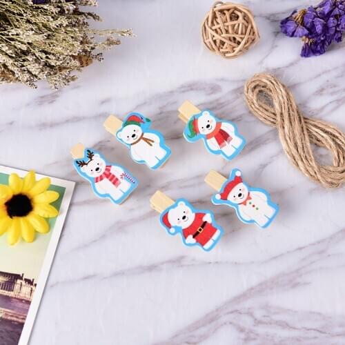 10pcs Christmas White Snow Bear Wood Clips For Christmas Tree Wedding Decorative Crafts House Ornaments Not Include Rope 35x20mm