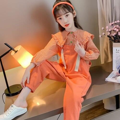 Girls Suit Blouse +Overalls 2Pcs/Sets 2021 Orange Spring Autumn Teenagers Outwear Kids Cotton Tracksuit Sport Suits Children Clo