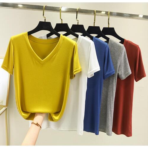 T shirt 2020 Summer New Modal Thread V-neck T-shirt Womens Solid Color Short-Sleeved Tops Outfits Bottoming Shirt