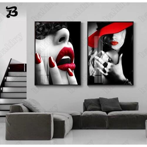 Canvas Painting Wall Art Woman Red Lips Nail Wall Art Sexy Lady Canvas Osters Prints Black White Wall Pictures for Home Decor