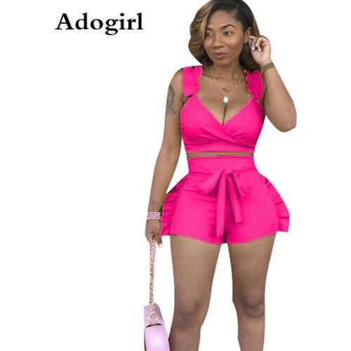 Ruffle Side Splicing 2 Piece Set Wrap V-neck Crop Top and Shorts Sexy Spaghetti Strap Beach Tracksuit Skinny Party Club Outfits