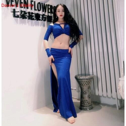 Belly Dance Suit Sequins Top Split Long Skirt Practice Clothes Profession Custom Female Fashion Performance Clothing Set