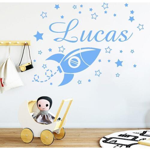 Custom Name Wall Sticker Boys Kids Room Decoration Spaceship Decal Stars Spacecraft Art Mural Babys Bedroom Decor Removable