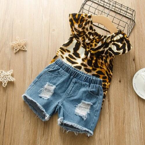 Girls Clothing Set, Leopard Print Ruffle Tops and Ripped Shorts Two-Piece Suit for Birthday Party Vacation