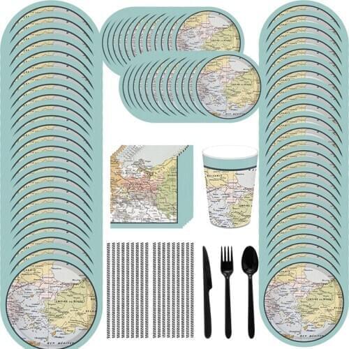 Disposable Paper Plate Tableware World Map Theme Travel Festival Cups Straw Retirement Party Decoration Birthday Supplies