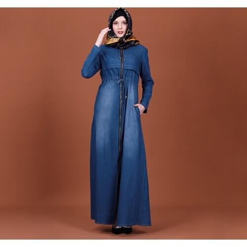 Muslim Women Abaya Dress Slim Pocket Denim Ramadan Eid Islamic Kaftan Worship Service Middle East Arab Dubai Party Vestidos