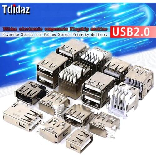 10pcs USB2.0 female connector double-layer 90/180 degree side plug straight plug SMD sinking plate USB socket