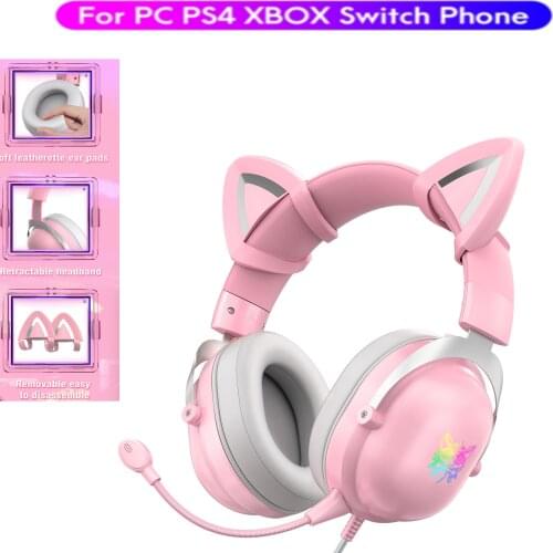 Pink Gaming Headset with Removable Cat Ears PC Gamer Headphone for Girl with Mic Surround Sound Laptop PS4 Xbox Headphones