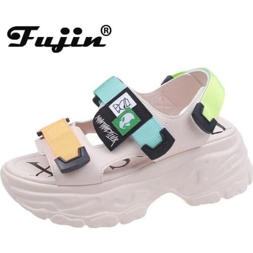 Fujin Chunky Sandals Women Summer Shoes Platform Thick Heel Buckle Beige Orange Female Open Toe Summer Shoes for Women