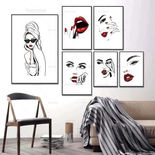 Nordic Sexy Beauty Woman Canvas Painting Quotes Eyelash Red Lips Wall Art Nordic Posters and Prints Living Room Frameless Decor