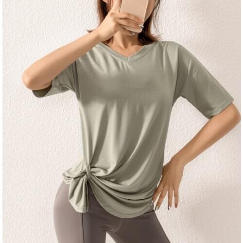 BINAND V-Neck Sport T-shirt Yoga Top Women Loose Quick Dry Gym Shirt Fitness Top Elastic Sport T-shirt Solid Running Yoga Shirt