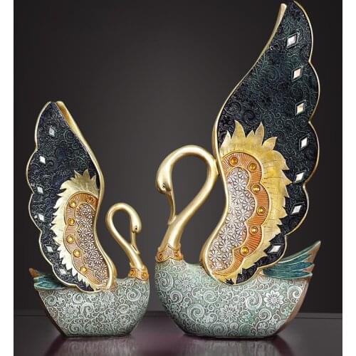Statues and Sculptures Swan Love Retro TV Cabinet Sculpture Hand Drawn Modern Colorful Inlaid Gems Figurines for Interior