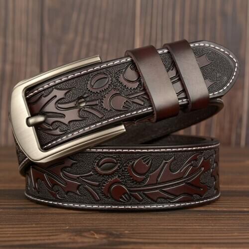 Cool Brand Designer Belt Flower Carved Belt for Men Genuine Leather Belt Retro Pin Buckle Men Jeans Causal Pants Belt
