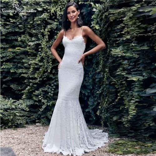 Boho Wedding Dresse Mermaid Bridal Dress Beach Spaghetti Straps Backless Lace Beach Bride Gowns Vestido De Noiva 2021