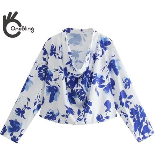 OneBling Za Woman 2021 Traf Blue Print Draped Collar Drop Shoulder Long Sleeve Casual Loose Blouses Female Crop Tops Shirt